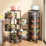 5 Layers Kitchen Rotating Shelf 360 Degree Baskets Fruit Vegetable Storage Rack Floor Round Shelf With Wheels