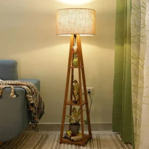 Wooden Floor Lamp With Jute Shade, Bulb And Holder