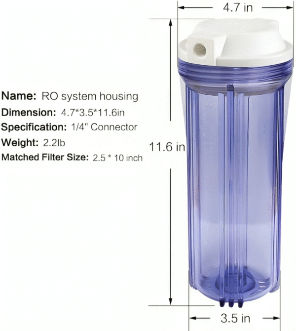Water Purifier 10 inch Clear Housing for Ro System , 1/4 inch Inlet (With 1 Piece PP Filter ) Complete - Image 2