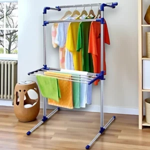 Portable Multifunctional Clothing and Drying Rack • Material: Stainless steel tube with engineering plastic components • Dimensions: 147 x 72 x 78 cm (H x W x D) • Maximum Weight Capacity: 15kg • Color: Blue accents • Storage: Foldable design for compact storage Features and Benefits • Premium Stainless Steel Construction – Built to last with corrosion-resistant materials that won’t rust or deteriorate over time • Space-Saving Foldable Design – Collapses flat for compact storage when not in use, perfect for small living spaces • Indoor/Outdoor Versatility – Use it anywhere from your apartment balcony to your laundry room or even while camping • Multiple Drying Configurations – Accommodates various garment types with flexible hanging options for shirts, pants, delicates, and bulky items • Generous Weight Capacity – Holds up to 15kg of wet laundry, equivalent to a full washing machine load • Eco-Friendly Air Drying – Reduces energy costs and extends clothing life by eliminating harsh heat damage Detailed Description This multifunctional drying rack combines durability with practicality, featuring a robust stainless steel frame that maintains its stability even when fully loaded. The engineering plastic components ensure smooth operation and long-lasting performance. Its thoughtful design includes multiple hanging levels and configurations, allowing you to maximize drying space while maintaining proper air circulation around your garments. The rack’s portability makes it ideal for apartment living, where outdoor drying isn’t always possible, or for travelers who need a reliable drying solution on the go. When laundry day is done, simply fold it down to a compact size that fits easily in closets, under beds, or behind doors. Specifications • Material: Stainless steel compound tube with engineering plastic components • Dimensions: 147 x 72 x 78 cm (H x W x D) • Maximum Weight Capacity: 15kg • Color: Blue accents • Storage: Foldable design for compact storage