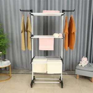 Premium Multifunctional Cloth Drying Rack • Material: Powder-coated steel frame, ABS plastic • Dimensions: Fully extended – 60 x 30 x 72 inches • Weight Capacity: Up to 15 lbs per shelf • Additional Features: Foldable shelves, hanger slots, lockable caster wheels Features and Benefits • Durable Build: Constructed with premium steel and ABS plastic, this rack resists rust and corrosion, ensuring long-lasting performance and stability. • Versatile Shelves: Six collapsible and retractable shelves offer ample drying space and easily adapt to your specific needs. Perfect for any garment type! • Space for Shoes, Too: Steel-reinforced base bars are powder-coated, providing additional space for drying or storing shoes. • Functional Hanger Slots: Top-side slots for two-wing hangers ensure optimal drying and neat clothing organization. • Easy Mobility with Lockable Wheels: Four smooth-rolling wheels allow effortless movement indoors and outdoors, with lockable casters keeping everything in place. Detailed Description Built for modern lifestyles, this cloth drying rack blends practicality with innovation. Its heavy-duty steel frame is powder-coated for excellent rust protection, making it perfect for both humid laundry rooms and outdoor use. The sturdy ABS plastic reinforcements provide an extra layer of stability, so you can trust it to support heavier loads with ease. With six shelves that can be customized for different items (from large towels to delicate garments), plus designated hanger slots for shirts or specialty drying, this rack maximizes every inch of space. The lower bar structure doubles as an ideal shoe drying area. Best of all, its portable design with lockable wheels means you can seamlessly move it wherever you need it most. Specifications • Material: Powder-coated steel frame, ABS plastic • Dimensions: Fully extended – 60 x 30 x 72 inches • Weight Capacity: Up to 15 lbs per shelf • Additional Features: Foldable shelves, hanger slots, lockable caster wheels