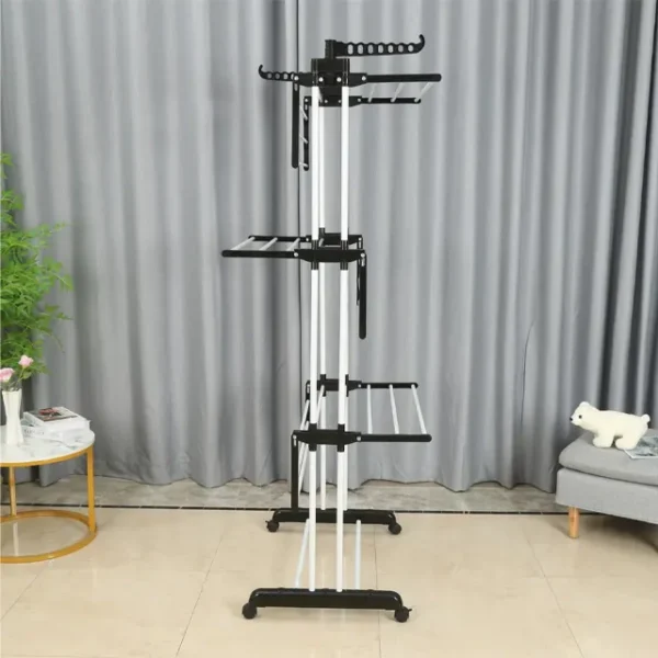 Premium Multifunctional Cloth Drying Rack • Material: Powder-coated steel frame, ABS plastic • Dimensions: Fully extended – 60 x 30 x 72 inches • Weight Capacity: Up to 15 lbs per shelf • Additional Features: Foldable shelves, hanger slots, lockable caster wheels Features and Benefits • Durable Build: Constructed with premium steel and ABS plastic, this rack resists rust and corrosion, ensuring long-lasting performance and stability. • Versatile Shelves: Six collapsible and retractable shelves offer ample drying space and easily adapt to your specific needs. Perfect for any garment type! • Space for Shoes, Too: Steel-reinforced base bars are powder-coated, providing additional space for drying or storing shoes. • Functional Hanger Slots: Top-side slots for two-wing hangers ensure optimal drying and neat clothing organization. • Easy Mobility with Lockable Wheels: Four smooth-rolling wheels allow effortless movement indoors and outdoors, with lockable casters keeping everything in place. Detailed Description Built for modern lifestyles, this cloth drying rack blends practicality with innovation. Its heavy-duty steel frame is powder-coated for excellent rust protection, making it perfect for both humid laundry rooms and outdoor use. The sturdy ABS plastic reinforcements provide an extra layer of stability, so you can trust it to support heavier loads with ease. With six shelves that can be customized for different items (from large towels to delicate garments), plus designated hanger slots for shirts or specialty drying, this rack maximizes every inch of space. The lower bar structure doubles as an ideal shoe drying area. Best of all, its portable design with lockable wheels means you can seamlessly move it wherever you need it most. Specifications • Material: Powder-coated steel frame, ABS plastic • Dimensions: Fully extended – 60 x 30 x 72 inches • Weight Capacity: Up to 15 lbs per shelf • Additional Features: Foldable shelves, hanger slots, lockable caster wheels
