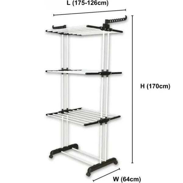 Premium Multifunctional Cloth Drying Rack • Material: Powder-coated steel frame, ABS plastic • Dimensions: Fully extended – 60 x 30 x 72 inches • Weight Capacity: Up to 15 lbs per shelf • Additional Features: Foldable shelves, hanger slots, lockable caster wheels Features and Benefits • Durable Build: Constructed with premium steel and ABS plastic, this rack resists rust and corrosion, ensuring long-lasting performance and stability. • Versatile Shelves: Six collapsible and retractable shelves offer ample drying space and easily adapt to your specific needs. Perfect for any garment type! • Space for Shoes, Too: Steel-reinforced base bars are powder-coated, providing additional space for drying or storing shoes. • Functional Hanger Slots: Top-side slots for two-wing hangers ensure optimal drying and neat clothing organization. • Easy Mobility with Lockable Wheels: Four smooth-rolling wheels allow effortless movement indoors and outdoors, with lockable casters keeping everything in place. Detailed Description Built for modern lifestyles, this cloth drying rack blends practicality with innovation. Its heavy-duty steel frame is powder-coated for excellent rust protection, making it perfect for both humid laundry rooms and outdoor use. The sturdy ABS plastic reinforcements provide an extra layer of stability, so you can trust it to support heavier loads with ease. With six shelves that can be customized for different items (from large towels to delicate garments), plus designated hanger slots for shirts or specialty drying, this rack maximizes every inch of space. The lower bar structure doubles as an ideal shoe drying area. Best of all, its portable design with lockable wheels means you can seamlessly move it wherever you need it most. Specifications • Material: Powder-coated steel frame, ABS plastic • Dimensions: Fully extended – 60 x 30 x 72 inches • Weight Capacity: Up to 15 lbs per shelf • Additional Features: Foldable shelves, hanger slots, lockable caster wheels